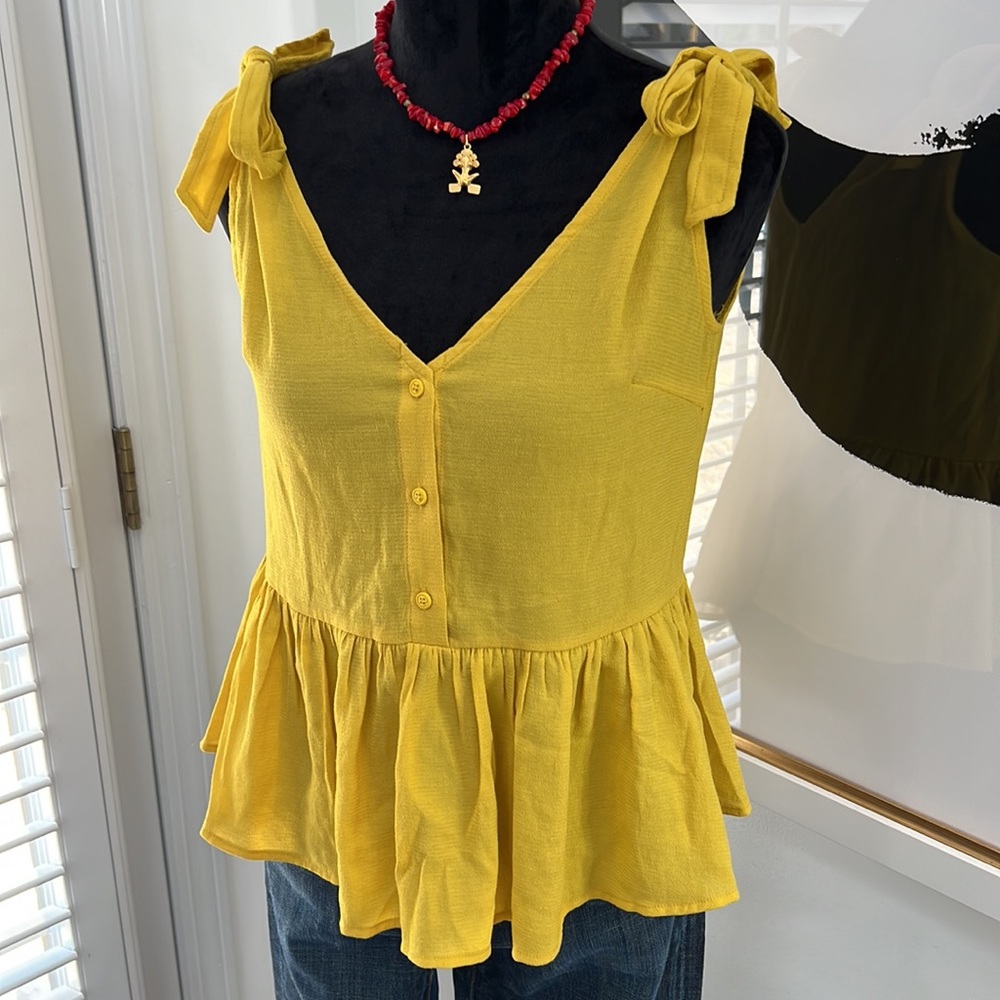 FRNCH Yellow Sleeveless Shoulder Tie Peplum Top, Size S/M